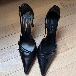 Sergio Rossi Black Leather Pointed Slingback Heels with Buckle Straps